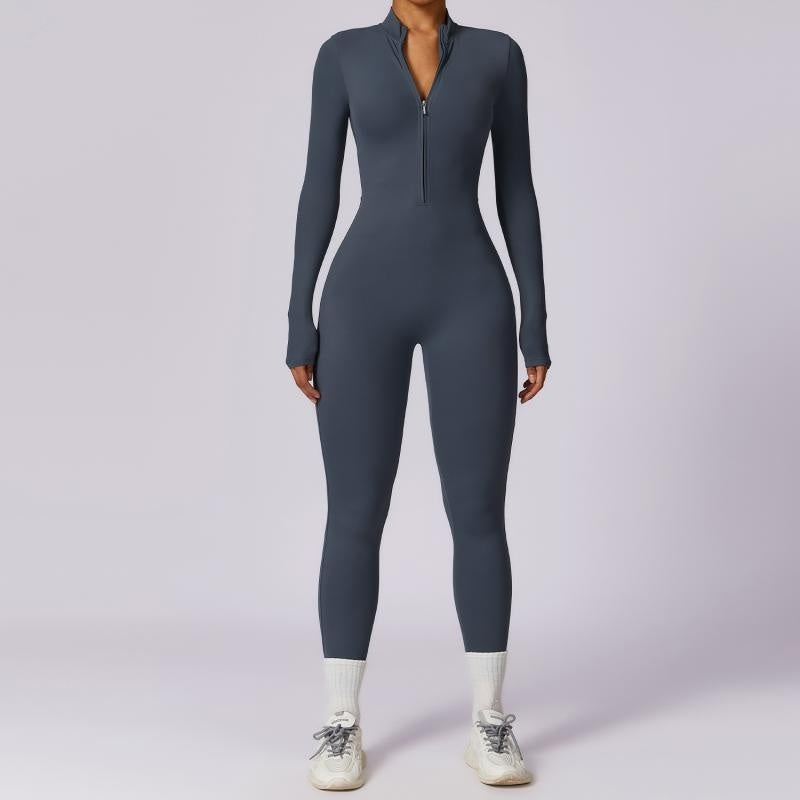 Salopetă cu fermoar, mâneci lungi, pentru yoga, fitness, pantaloni de antrenament, colanți, salopetă sport fără cusături, mulată pe șolduri, pentru femei