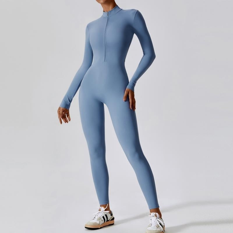 Salopetă cu fermoar, mâneci lungi, pentru yoga, fitness, pantaloni de antrenament, colanți, salopetă sport fără cusături, mulată pe șolduri, pentru femei