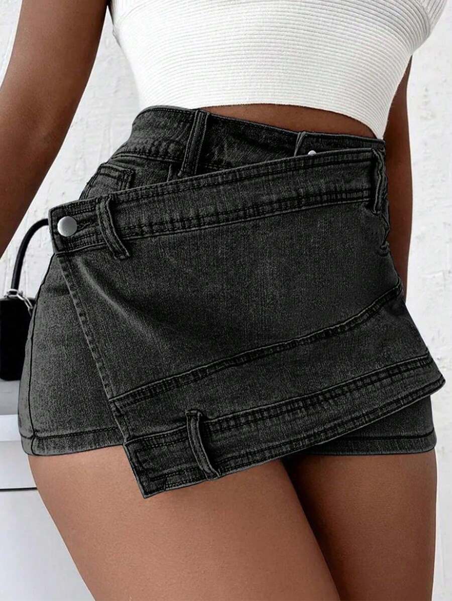 Pantaloni scurți-fustă din denim stil grunge punk de stradă, noi, vintage, elastici, cu talie suprapusă, înfășurați, cu tiv asimetric, croială A-line, skinny, haine de Halloween, blugi