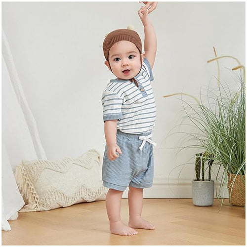 Salopetă bebeluși băieți, cu nasturi, mânecă scurtă, model vafle, set pantaloni scurți, ținută moale de vară pentru sugari