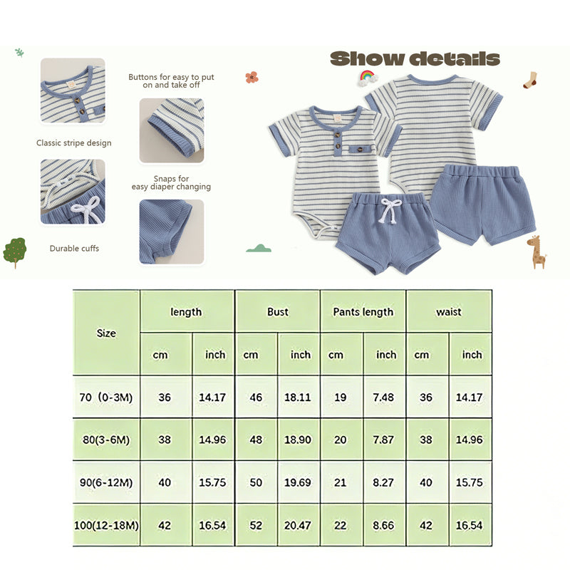 Salopetă bebeluși băieți, cu nasturi, mânecă scurtă, model vafle, set pantaloni scurți, ținută moale de vară pentru sugari