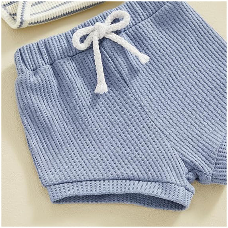 Salopetă bebeluși băieți, cu nasturi, mânecă scurtă, model vafle, set pantaloni scurți, ținută moale de vară pentru sugari