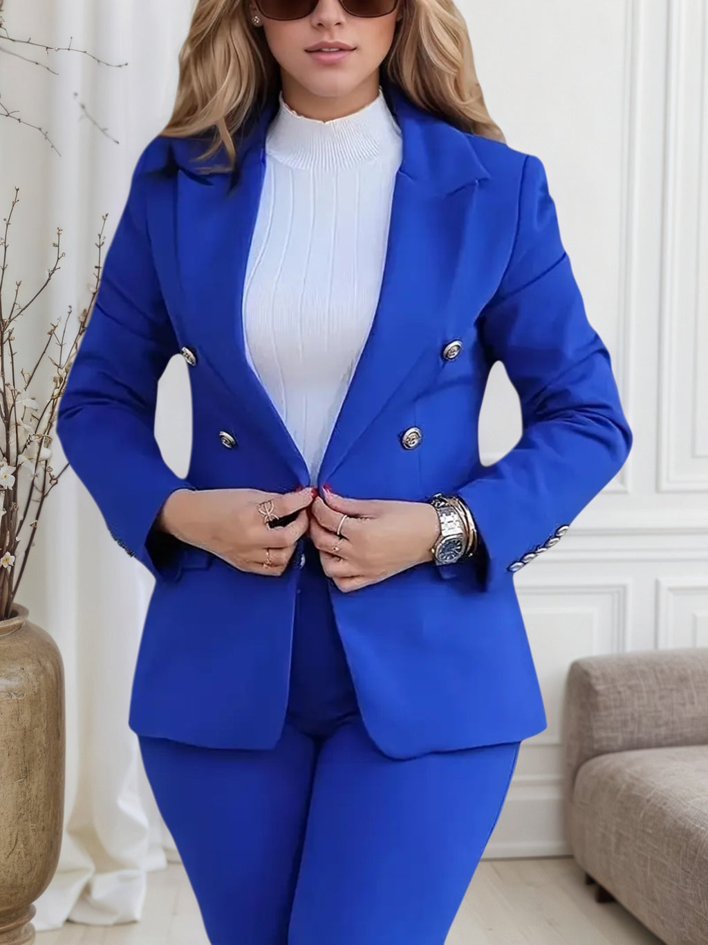Set nou de damă de înaltă calitate, culoare uni, croială lejeră, la modă, cu nasturi dublu rând, din două piese, lavabil la mașină, costum casual de primăvară și toamnă.