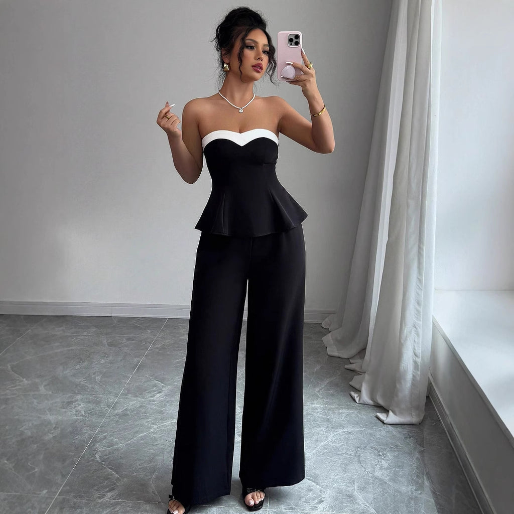 Set Damă Elegant cu Vestă Off-the-shoulder și Pantaloni Cu Croială Largă