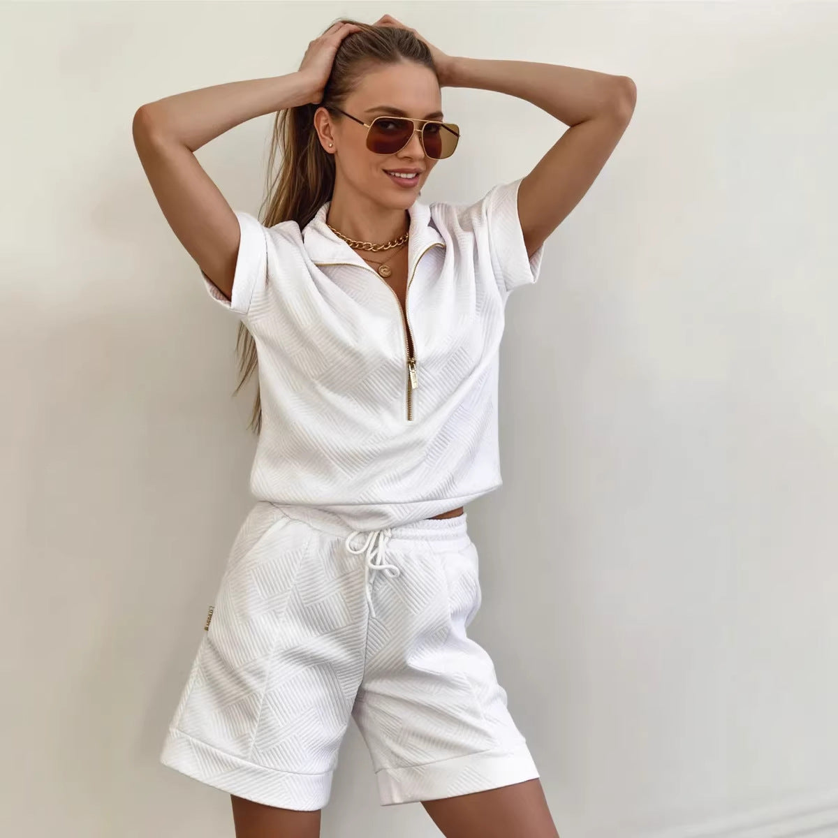 Set de hanorac și pantaloni scurți, monocolor, largi, versatili, casual, cu guler rotund, pentru femei