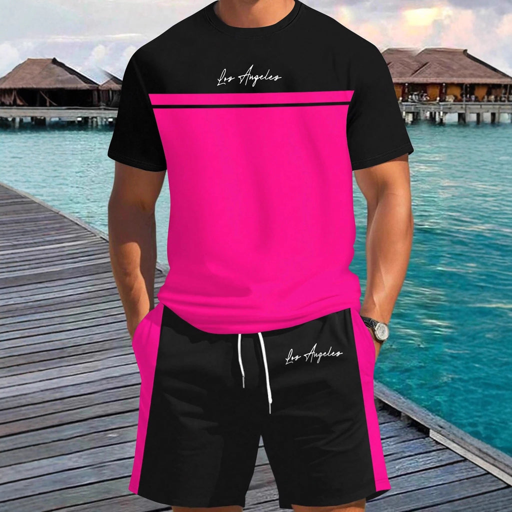 Set din două piese pentru bărbați, top cu mânecă scurtă și pantaloni scurți, sport, casual, cu imprimeu, pentru exterior
