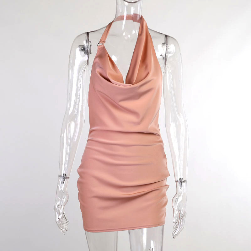 Rochie de petrecere din satin, decolteu în V, fără spate, mini, fără mâneci, pentru vară