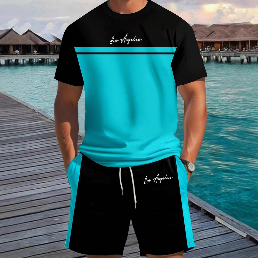 Set din două piese pentru bărbați, top cu mânecă scurtă și pantaloni scurți, sport, casual, cu imprimeu, pentru exterior