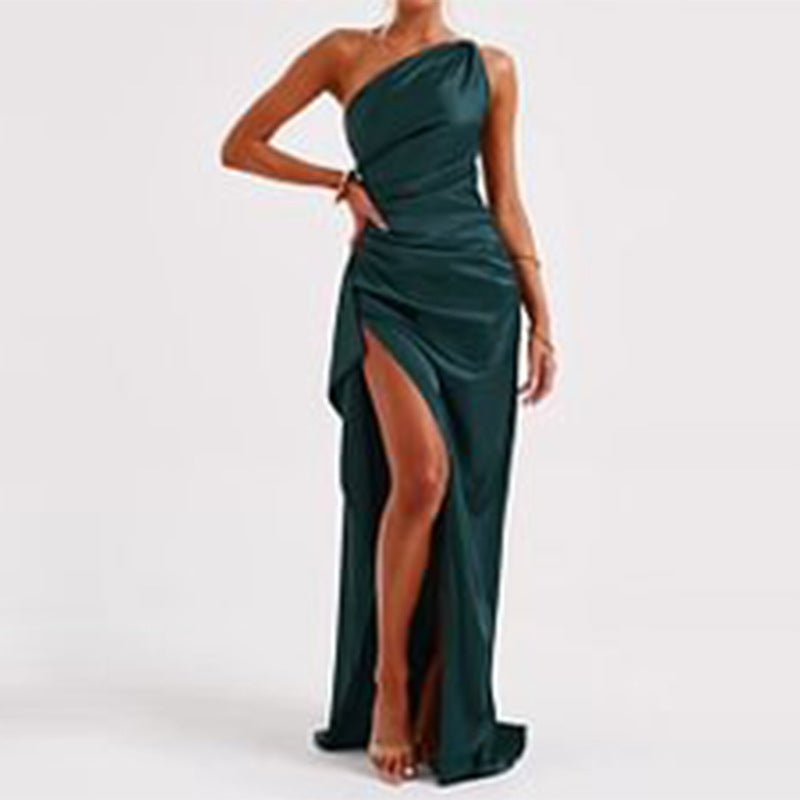 Rochie sexy, fără mâneci, cu un umăr, fără spate, cu șliț, elegantă, de vară, mulată, din satin, de culoare uni, pentru femei