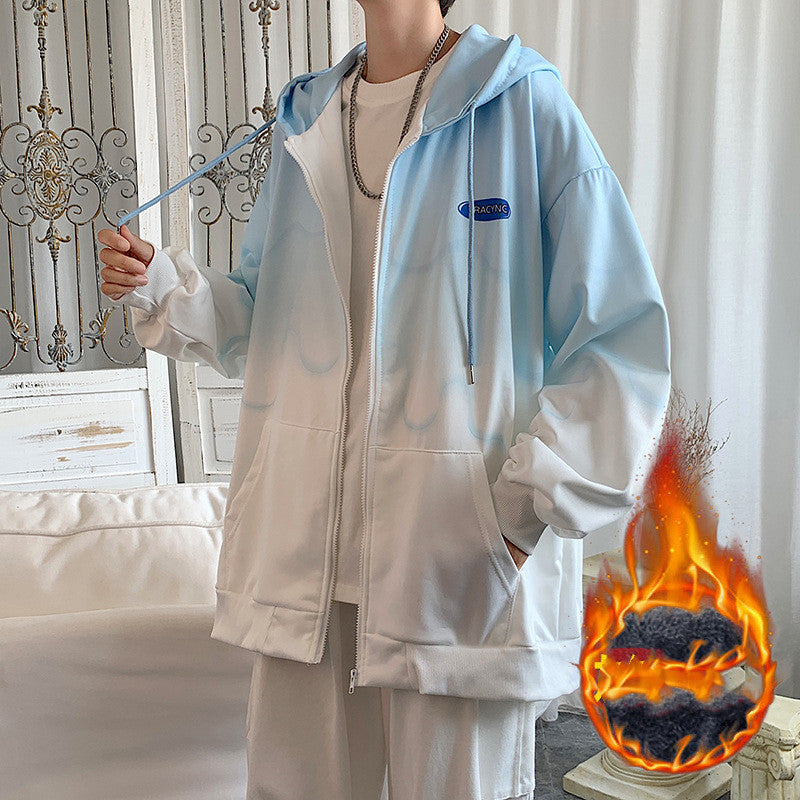 Pulover cu glugă tie-dye pentru bărbați, Cardigan degrade, jachetă plușată cu fleece