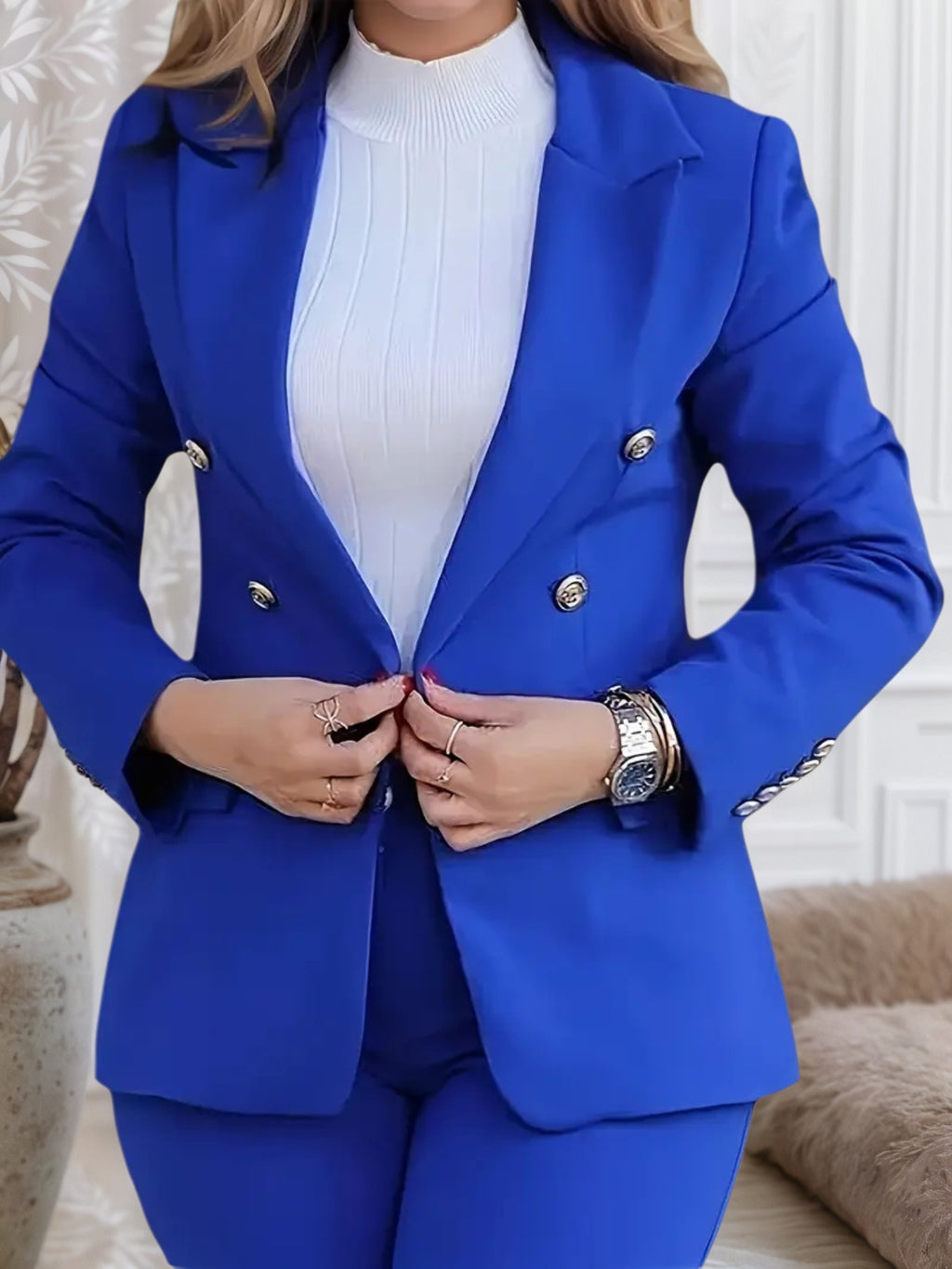 Set nou de damă de înaltă calitate, culoare uni, croială lejeră, la modă, cu nasturi dublu rând, din două piese, lavabil la mașină, costum casual de primăvară și toamnă.