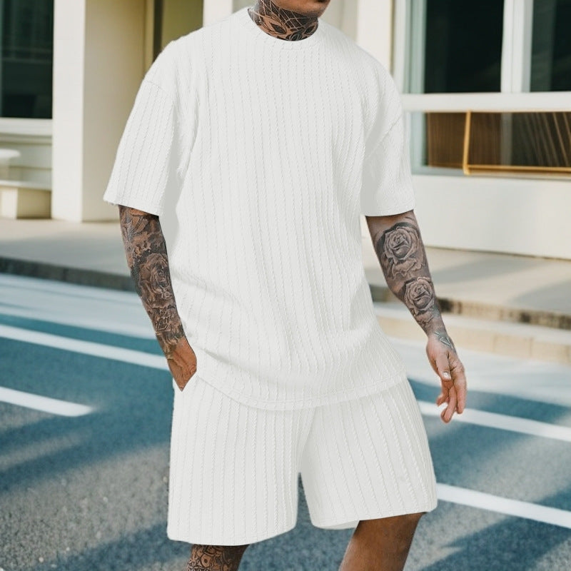 Set din două piese bărbătesc, sport, uni, cu tricou cu decolteu rotund și model vertical