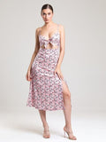 Rochie midi cu imprimeu floral și decupaje frontale