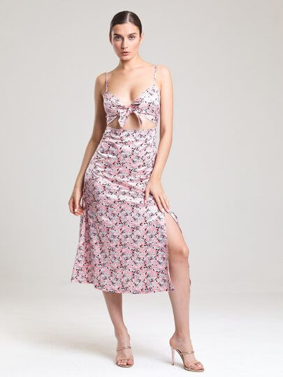 Floral print midi dress with front cut-outs